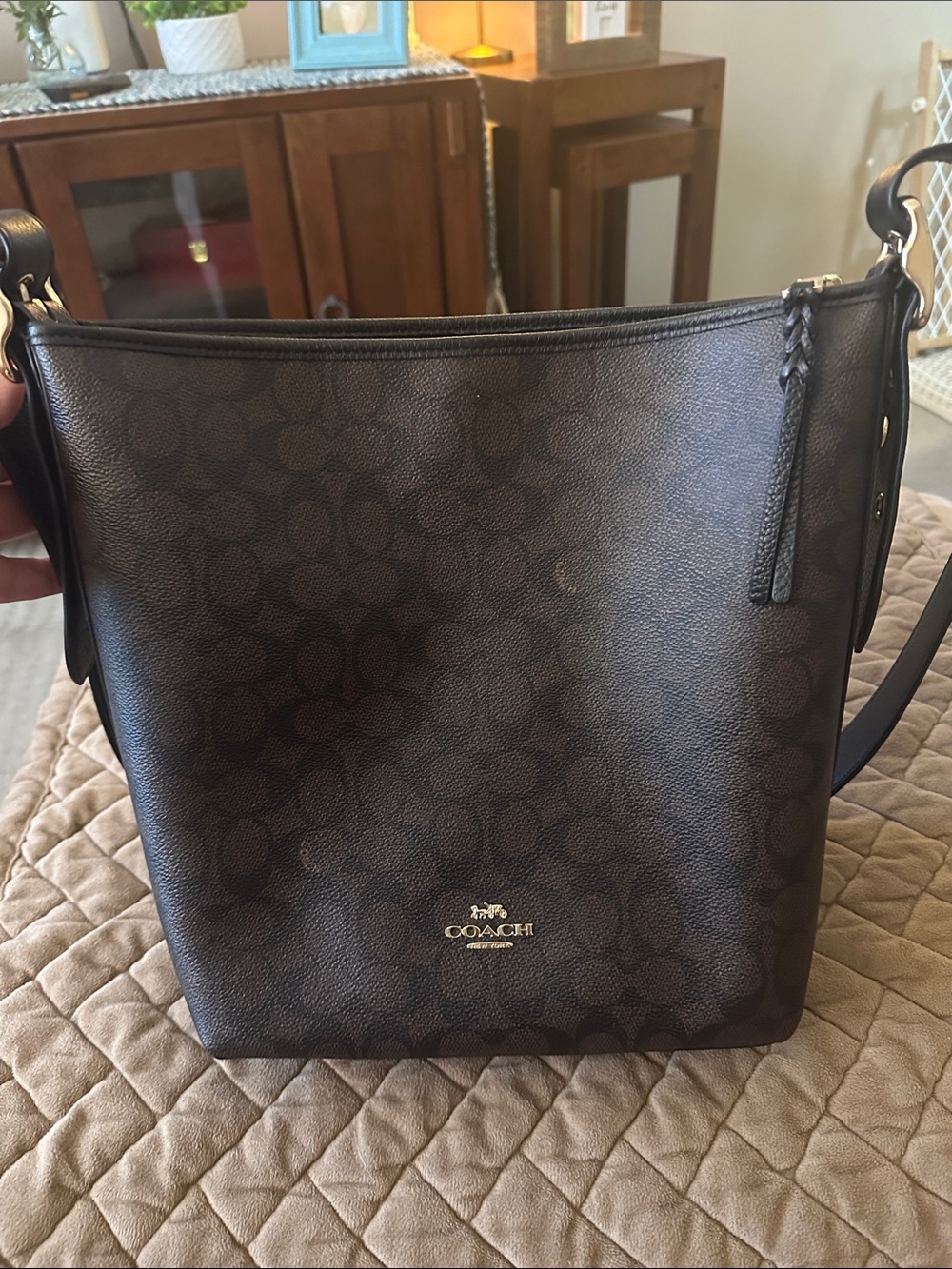 Coach Signature Canvas Crossbody Bucket Bag in Brown and Black